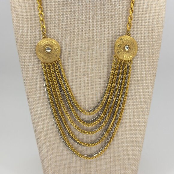 Vintage Multi Strand Festoon Gold Silver Chain Necklace Ornate Discs Hearts - Picture 8 of 14